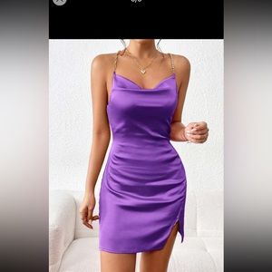 SHEIN Privé Chain 💜Detail Crisscross Backless Draped Collar Satin Cami Dress💜